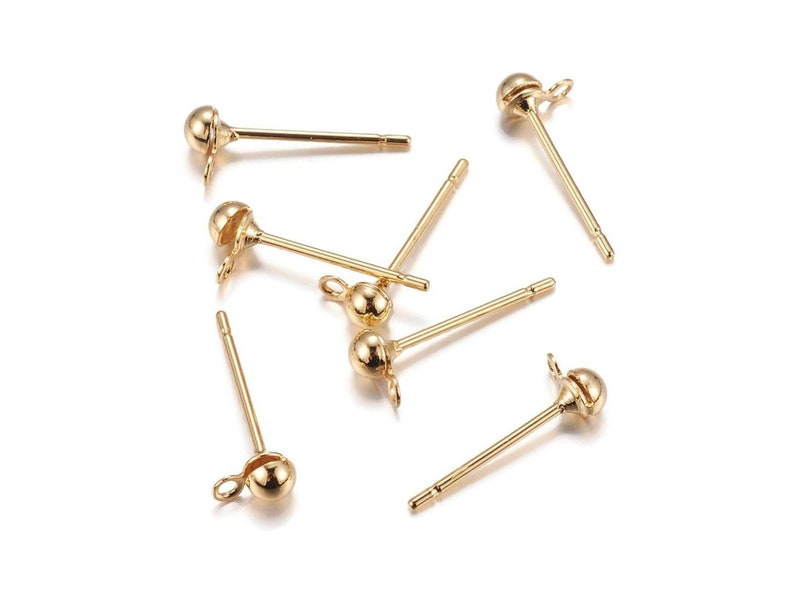 Brass earring stud posts, 3mm ball with loop, gold. Hypoallergenic nickel free, lead free and cadmium free image 2