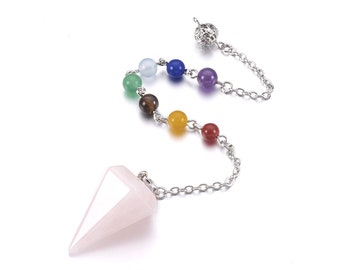 Natural rose quartz dowsing pendulum cone pendant, with mixed stone and brass chain