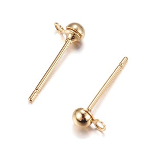 Brass earring stud posts, 3mm ball with loop, gold. Hypoallergenic nickel free, lead free and cadmium free image 1