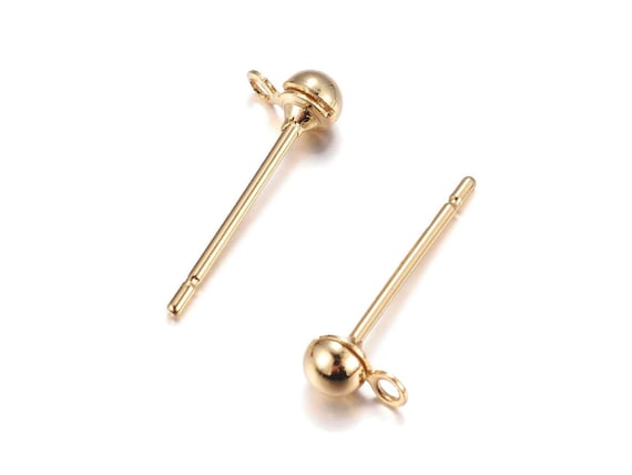 Brass earring stud posts, 3mm ball with loop, gold. Hypoallergenic nickel free, lead free and cadmium free