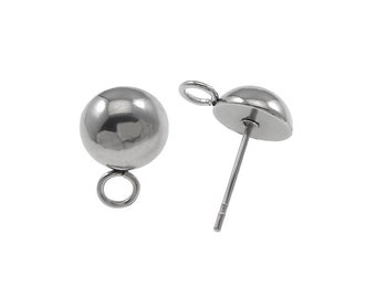 10pcs Stainless Steel Earring Post, Earstud, 6 or 8mm Half Ball head, with loop, Hypoallergenic