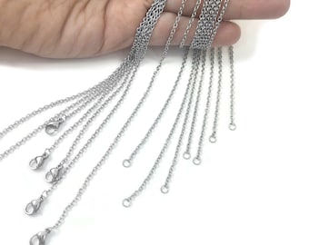 5 Cable chain necklaceS, Silver stainless steel, Bulk lot for jewelry making, 20 inches, 22 inches