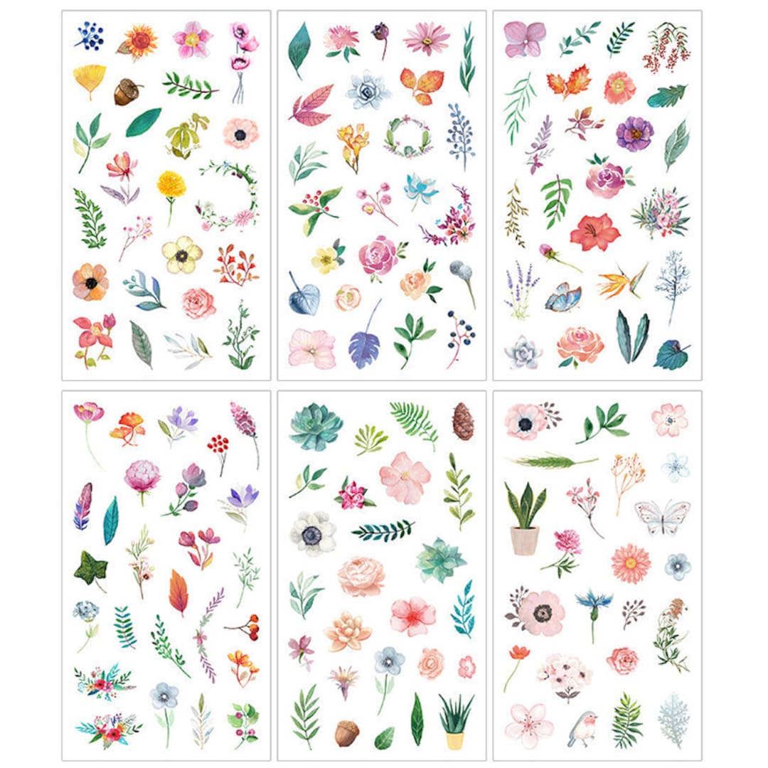 Flowers and Foliage Sticker Set - 6 Sheets of Watercolor Stickers - Etsy