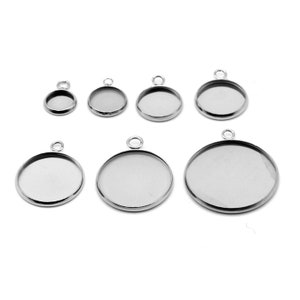 Stainless steel silver round pendant tray with loop - Cabochon setting blank bezel pendant base 6mm to 30mm