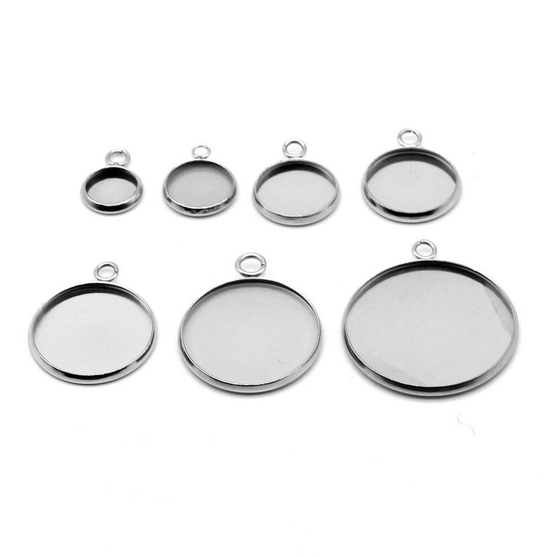 Stainless steel silver round pendant tray with loop Cabochon setting blank bezel pendant base 6mm to 30mm image 1