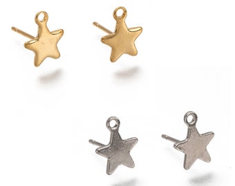 8mm star earstuds with loop, Stainless steel earring studs, Hypoallergenic gold or silver jewelry findings