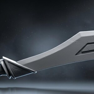 May include: A gray, curved sword with a textured handle and a decorative design on the blade. The blade has a sharp edge and a curved tip. The sword is set against a dark background.
