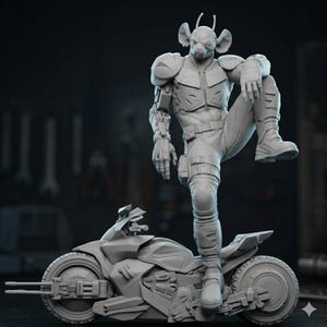 May include: A gray figurine of a humanoid alien figure in futuristic armor, posed with one leg resting on a futuristic motorcycle. The figure has large ears and is wearing a helmet and protective gear.