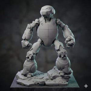 May include: A gray, robotic figure with a turtle-shell-like torso and rounded limbs stands on a rocky base. The robot has a helmet-like head with circular ear pieces and detailed mechanical joints, suggesting a futuristic or sci-fi theme.