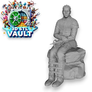 May include: A gray 3D printed figurine of a seated warrior holding a weapon. The warrior is wearing a tunic and leggings with straps on their legs. The figurine is sitting on a gray rock.