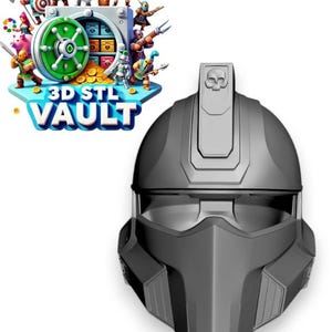 以下が含まれることがあります： 上部に骸骨のデザインが施されたグレーの3Dプリントヘルメット。ヘルメットにはバイザーとフェイスマスクが付いています。ヘルメットは3D STL Vault製品です。