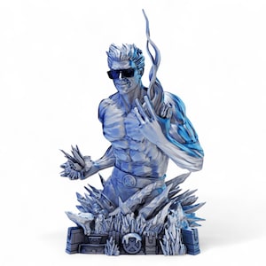 May include: A blue and white bust of a superhero with a sculpted ice effect. The figure is wearing sunglasses and has a menacing expression. The bust is set on a base with the letter "X" on it.