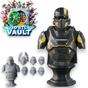 Könnte beinhalten: Eine 3D-gedruckte Büste eines futuristischen Soldaten, der einen schwarzen und gelben Helm und eine Rüstung trägt. Die Büste steht auf einem schwarzen Sockel und enthält separate 3D-gedruckte Helmteile. Das Bild enthält auch ein Logo für "3D STL Vault".