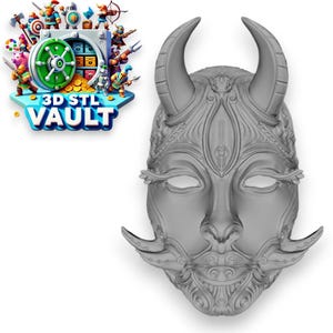 May include: A detailed gray 3D printed mask with horns, a beard, and intricate designs. The mask has a human-like face with a prominent nose and eyes.