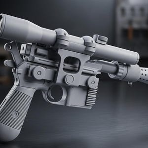 Puede incluir: Una réplica gris y detallada de una pistola bláster con mira telescópica y accesorios de cañón. La pistola presenta una empuñadura acanalada, múltiples componentes mecánicos y un cañón cilíndrico con perforaciones. El diseño sugiere un tema de ciencia ficción o fantasía.