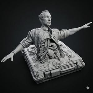 Pode incluir: Uma escultura cinzenta de um homem com o peito aberto, revelando componentes internos. O homem está vestindo uma camisa e um relógio. A escultura é montada em uma base retangular com elementos mecânicos detalhados.