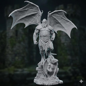 May include: A gray gargoyle statue with large wings, standing on a stone base. The statue has a muscular physique, a stern expression, and a long beard. A smaller gargoyle is seated at the base. The background features a blurred castle.