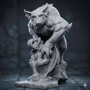 Può includere: Scultura di gargoyle grigia raffigurante una creatura più grande che domina una più piccola. Il gargoyle più grande ha ali simili a pipistrelli e un'espressione feroce. Il gargoyle più piccolo è tenuto tra le braccia del più grande. La scultura è su una base di pietra.