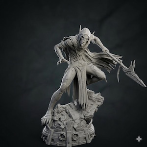 May include: A gray figurine of a hooded figure holding a spear, posed on a rocky base. The figure has a skeletal face and detailed clothing, with a flowing cape. The base has a futuristic design.