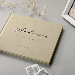 Livro de assinaturas personalizado para casamento, álbum de fotos em linho para guardar memórias.