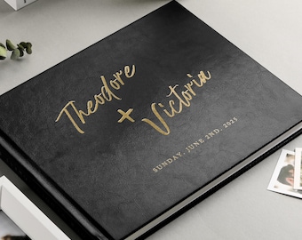 Black Leather Wedding Guest Book | Custom Gold Foil Keepsake