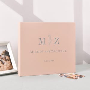Light pink wedding album with silver lettering, personalized photo guest book, Instax wedding book, photobooth album.