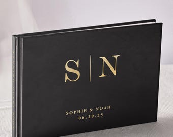 Personalized Wedding Guest Book: Black PU Leather with Gold Foil