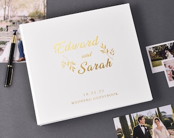 Personalized White Wedding Guest Book: Instax Photo Album, Foil Stamped