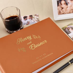 Classic Brown Wedding Guest Book with Gold Foil | Instax Polaroid Album | Personalized Photo Booth Sign-In Book