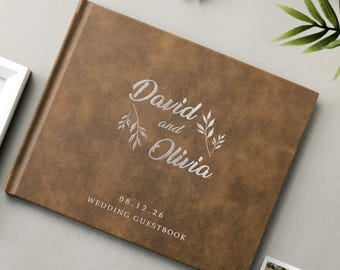 Personalized Brown Leather Wedding Guest Book with Gold Foil | Luxury Photo Album for Newlyweds
