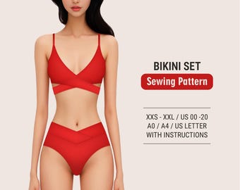 May include: A red bikini sewing pattern for sizes XXS-XXL. The pattern includes instructions and is available in A4 size.