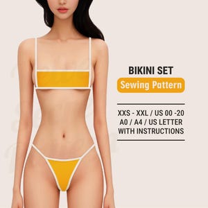 Naaipatroon bikini en badpak digitale pdf. Plusmaten XXS tot XXL. Tops, broekjes en badkleding met lage, gemiddelde en volledige bedekking. Beginner
