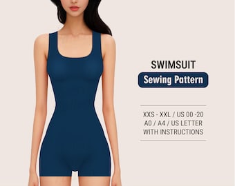 May include: A navy blue swimsuit sewing pattern. The pattern includes sizes XXS-XXL and US sizes 00-20. The pattern is available in A0, A4, and US letter formats, with instructions.