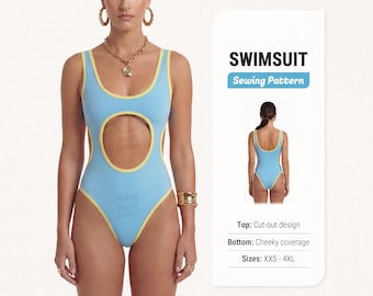 May include: A light blue one-piece swimsuit with yellow trim, featuring a circular front cut-out and cheeky bottom coverage. The sewing pattern includes sizes XXS to 4XL. The design displays a front view and a back view of the garment.