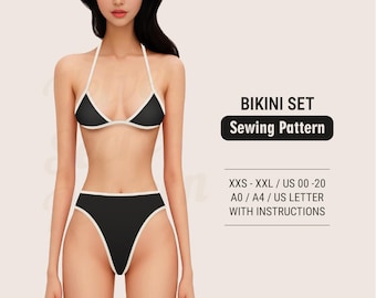 May include: A black bikini sewing pattern with white trim. The pattern is available in sizes XXS-XXL and includes instructions. The pattern is printed on A0/A4 paper.