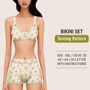 Op de afbeelding: Een naaipatroon voor een bikiniset met een bloemenprint. Het patroon bevat instructies en is verkrijgbaar in de maten XXS-XXL, NL 34-48, A0/A4.