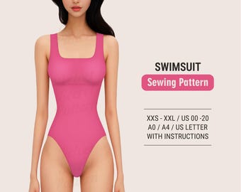 May include: A pink swimsuit sewing pattern for sizes XXS-XXL, US 00-20, A0/A4/US Letter, with instructions.