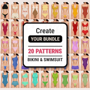 May include: A digital collage of 20 different bikini and swimsuit patterns. The patterns are in various colors, including red, blue, green, yellow, and black. The text "Create Your Bundle 20 Patterns Bikini & Swimsuit" is displayed in the center of the image.