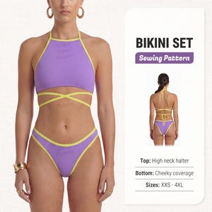 Może przedstawiać: Lawendowy zestaw bikini z żółtymi wykończeniami, składający się z topu z wysokim dekoltem i fig z odważnym krojem. Obraz zawiera wzór szycia z tekstem "BIKINI SET Sewing Pattern". Rozmiary od XXS do 4XL.