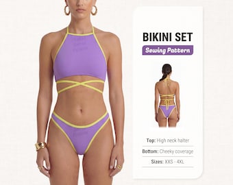 May include: A lavender bikini set with yellow edging, comprising a high-neck halter top and cheeky bottoms. The image includes a sewing pattern graphic with the text "BIKINI SET Sewing Pattern". Sizes range from XXS to 4XL.