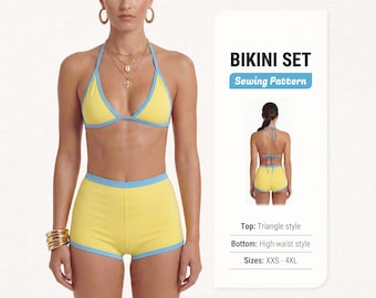 May include: A yellow bikini set with light blue trim, featuring a triangle top and high-waist bottoms. The text BIKINI SET Sewing Pattern is displayed alongside a smaller view of the back of the set, with labels for Top: Triangle style, Bottom: High-waist style, and Sizes: XXS - 4XL.