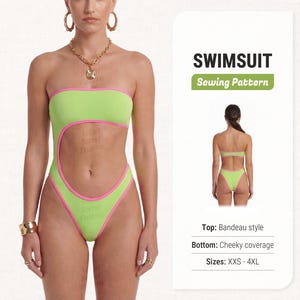 May include: A lime green swimsuit with pink edging and a bandeau top, featuring a cut-out design. The image shows a model wearing the swimsuit. The text "SWIMSUIT Sewing Pattern" is also visible.