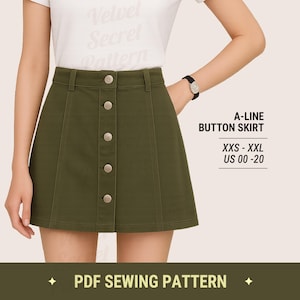 以下が含まれることがあります： クラシックなデザインのオリーブグリーンのAラインボタン付きスカート。スカートはボタンダウンフロントとテーラードフィットが特徴です。画像には「A-LINE BUTTON SKIRT」と「XXS - XXL US 00 -20」と書かれています。画像の下部には「PDF SEWING PATTERN」と書かれています。
