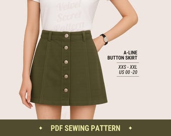 High-Waisted A-Line Skirt Sewing Pattern: Button Front PDF (XXS-XXL, Us sizes 00-20)
