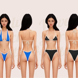 May include: Three women wearing different styles of bikini tops and bottoms. The bikini tops are triangle shaped with thin straps. The bikini bottoms are high-waisted and have a thin white trim. The bikinis are in blue and black.