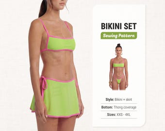 May include: A lime green bikini set with bright pink trim, featuring a scoop-neck top and a matching skirt with side ties. The text on the right reads BIKINI SET Sewing Pattern, Style: Bikini + skirt, Bottom: Thong coverage, Sizes: XXS - 4XL.
