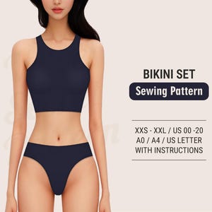Pode incluir: Um padrão de costura para um conjunto de biquíni, com instruções. O padrão está disponível nos tamanhos XXS-XXL e tamanhos portugueses 34-48. O padrão é impresso em papel A0/A4 e inclui instruções em formato carta.