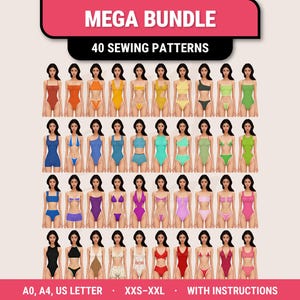May include: A display of 40 swimwear sewing patterns, presented in a grid format. The patterns feature diverse styles and colours, including one-piece and two-piece designs. The image includes the text "MEGA BUNDLE" and "40 SEWING PATTERNS". Additional text includes "A0, A4, US LETTER", "XXS-XXL", and "WITH INSTRUCTIONS".