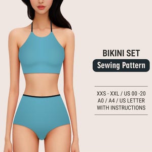 Op de afbeelding: Een blauw bikini naai-patroon in de maten XXS-XXL, NL 34-48, A0/A4/A4-formaat met instructies.