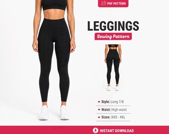 May include: A PDF sewing pattern for black leggings featuring a high waist and long 7/8 length. The text includes "PDF PATTERN", "LEGGINGS", "Sewing Pattern", "Style: Long 7/8", "Waist: High waist", "Sizes: XXS - 4XL", and "INSTANT DOWNLOAD".